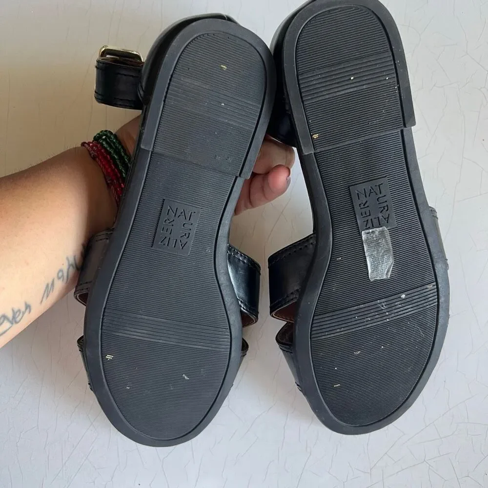 Naturalizer Sausalito flat sandals in black croc-embossed leather crisscross str